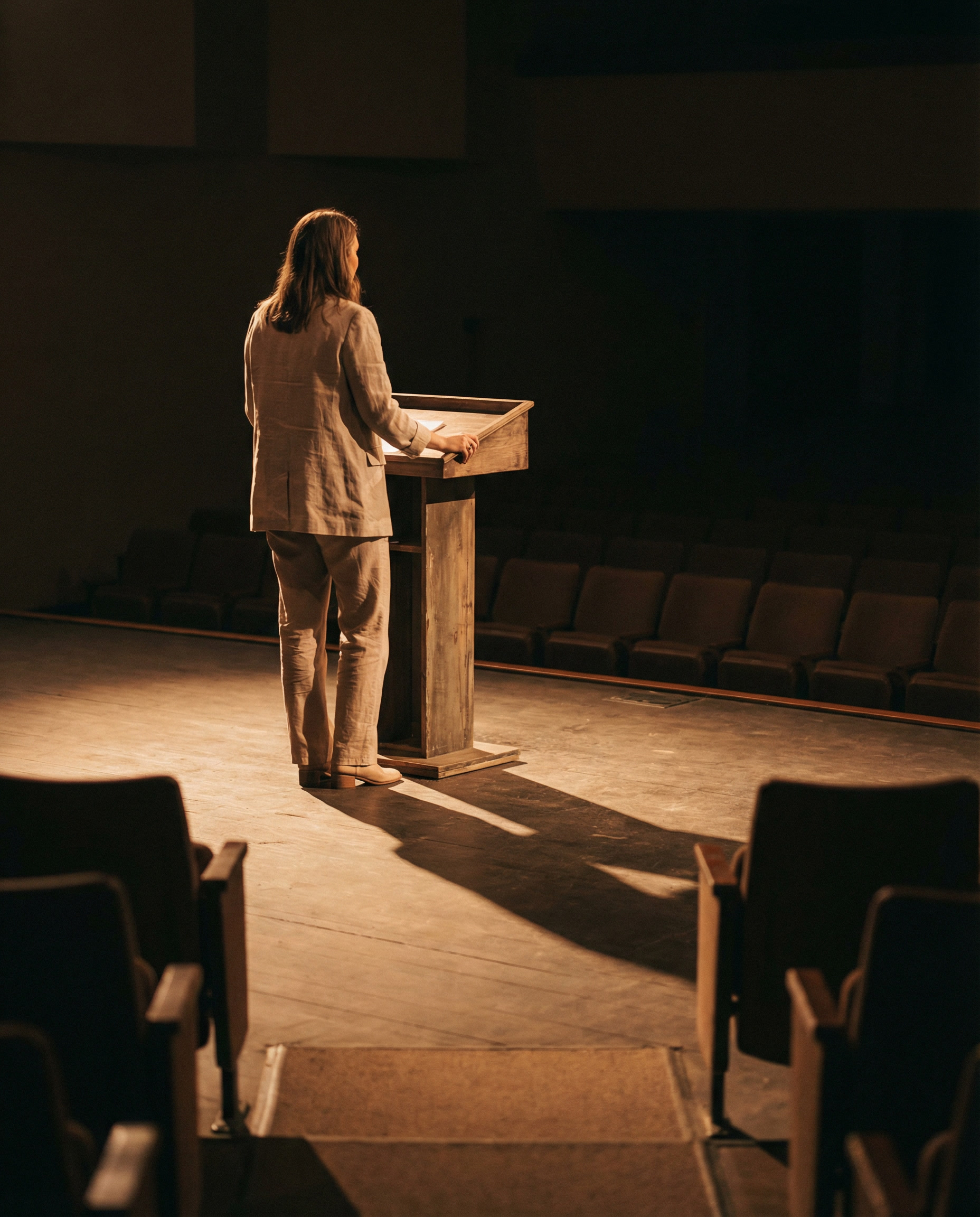 gemini-image-2_Single_person_standing_alone_at_a_wooden_podium_on_an_empty_stage_warm_spotlight-0