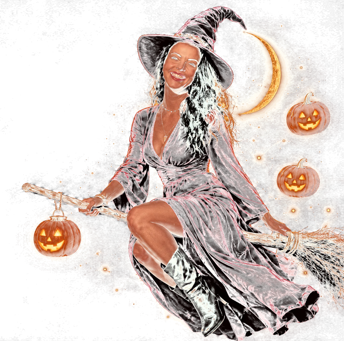 Tanja Sanders flying on a broomstick with pumpkins